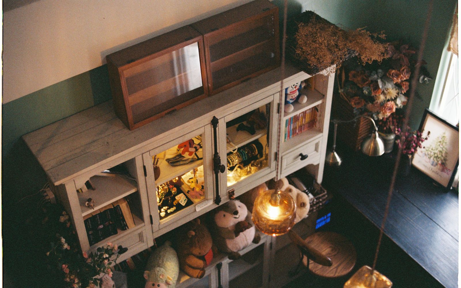 Kitchen with walnut cabinets and a marble island